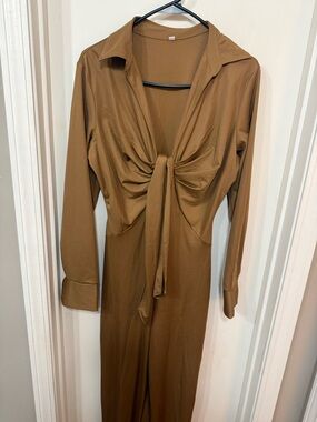 Tie-Front Long Sleeve Jumpsuit in Camel
